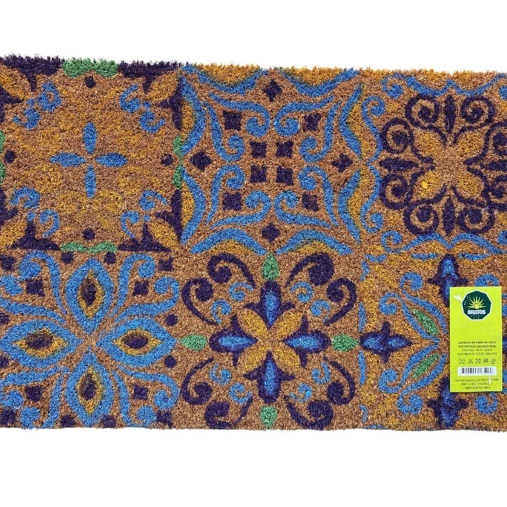 Capacho Fibra Coco Pvc Pintado Azulejo Azul 40cm X 60c Bege e Azul