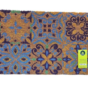 Capacho Fibra Coco Pvc Pintado Azulejo Azul 40cm X 60c Bege e Azul