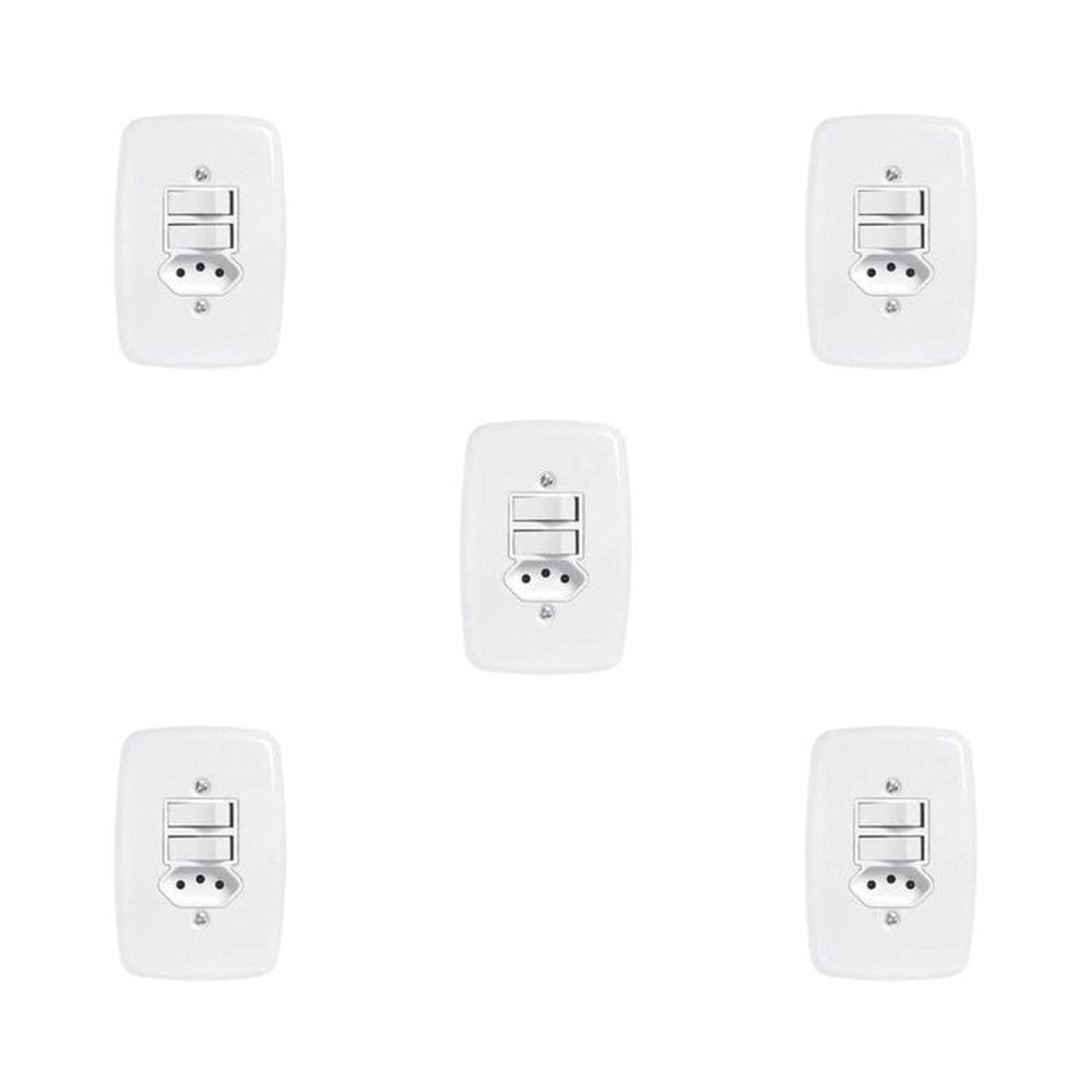 Conjunto de 5 Interruptores de 2 Teclas Simples e Tomada 2p+t 20A , com Placa 4x2 Branco