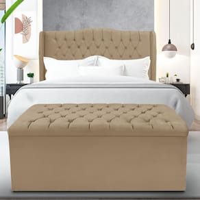 Kit Cabeceira E Calçadeira Baú Dubai Casal 140 Cm - Veludo Bege Escuro