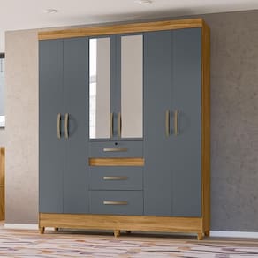 Guarda Roupa Casal 6 Portas Com Espelho 3 Gavetas Itatiba - Freijo / Cinza Freijo / Cinza