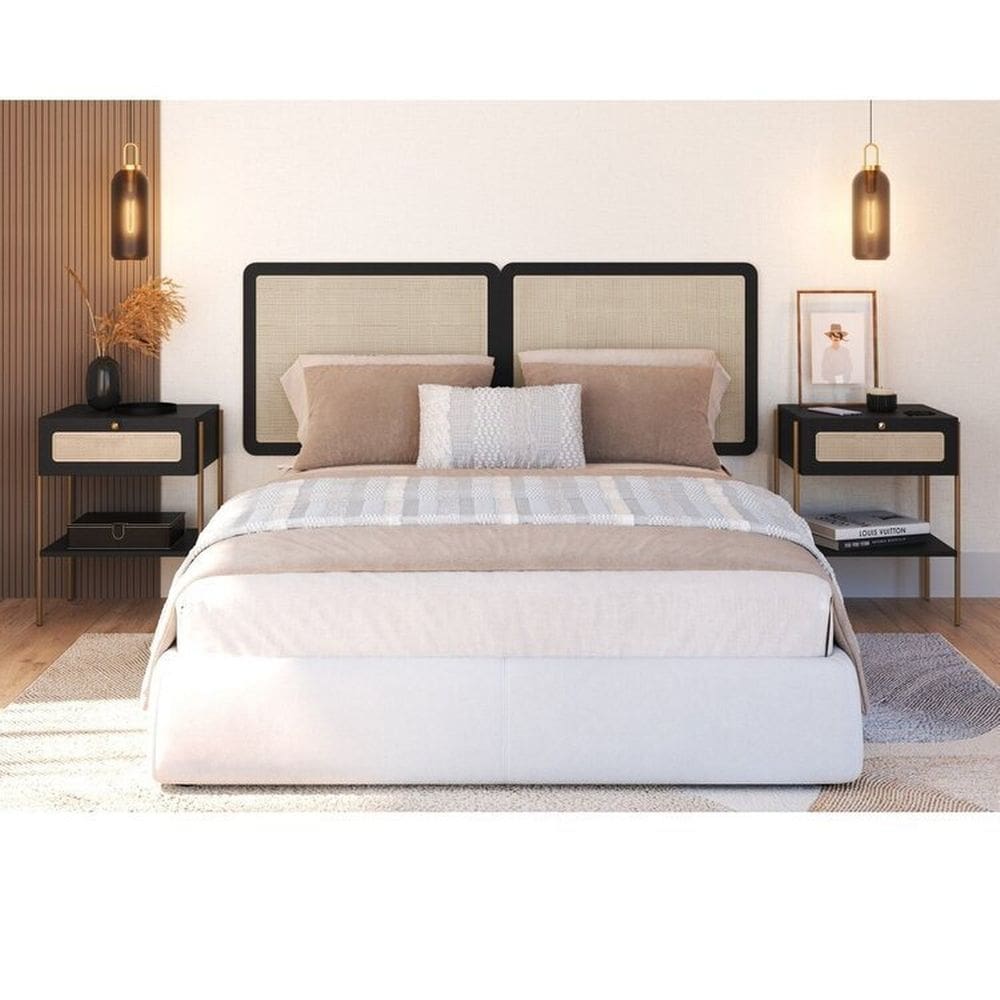 Conjunto Cabeceira Casal 160cm e 2 Mesas de Cabeceira 1 Gaveta Pé Metal Palhinha Oslo Nero Nero/Dourado