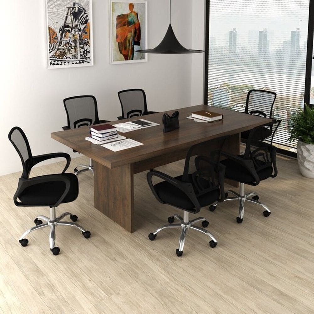 Kit 7 Peças com Uma Mesa de Reunião e 6 Cadeiras de Escritório Tela Mesh Espresso Móveis Rústico