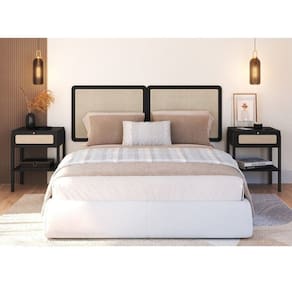 Conjunto Cabeceira Casal 160cm e 2 Mesas de Cabeceira 1 Gaveta Pé Madeira Palhinha Oslo Nero Nero/Preto