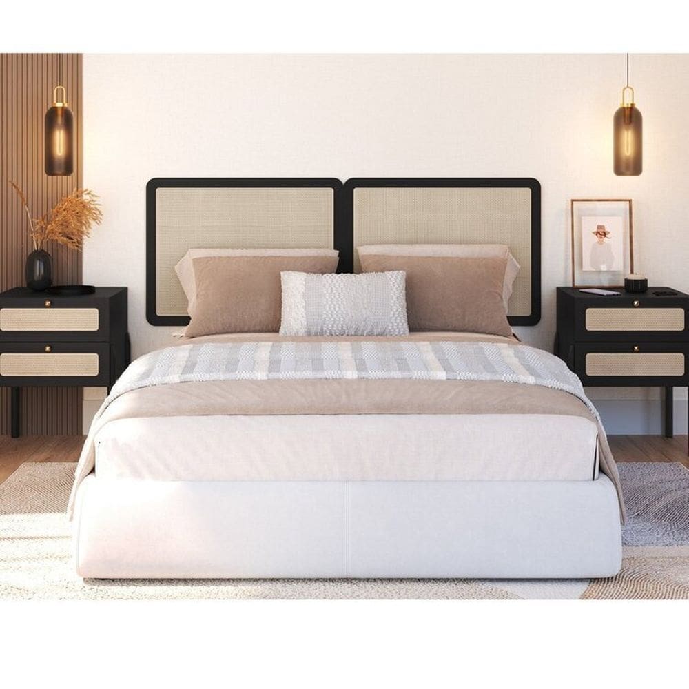 Conjunto Cabeceira Casal 160cm e 2 Mesas de Cabeceira 2 Gavetas Pé Madeira Palhinha Oslo Nero Nero/Preto