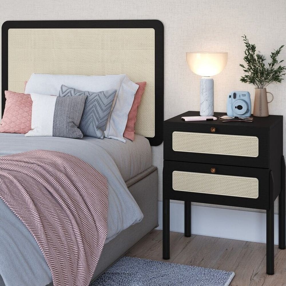 Conjunto Cabeceira Solteiro 90cm e Mesa de Cabeceira 2 Gavetas Pé Madeira Palhinha Oslo Nero Nero/Preto
