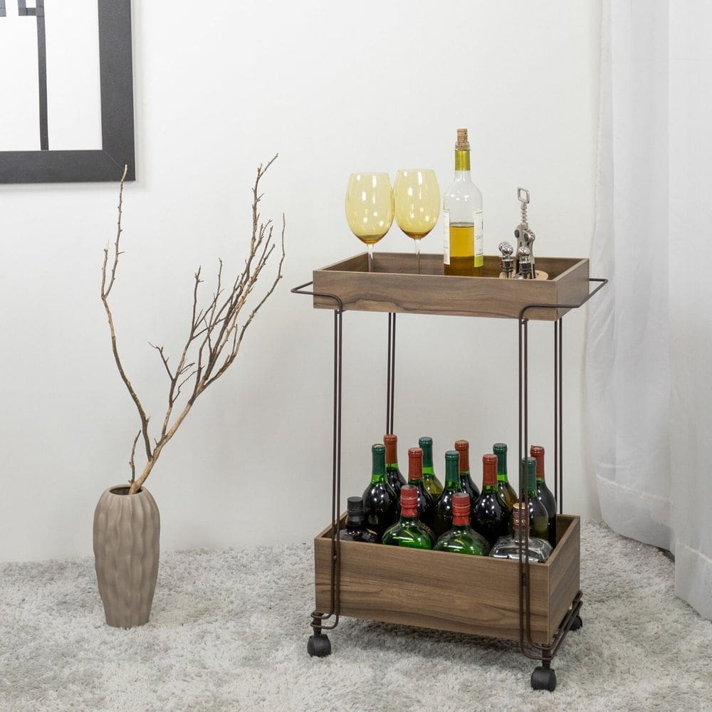 Carrinho de Bebidas Decorativo Retangular 2 Andares Aço Corten/Castanho
