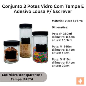 Conjunto 3 Potes Vidro Com Tampa E Adesivo Lousa P/ Escrever