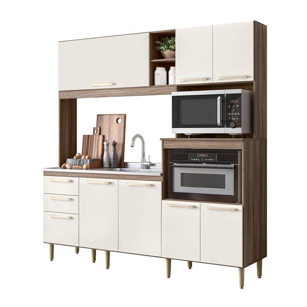 Cozinha Compacta Piatã 7 Portas 3 Gavetas 100% Mdf - Carvalho Nature/Off Whte Cristal