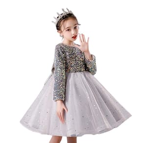 Vestido Menina Princesa Lantejoula C Laço Prata Festa Longo