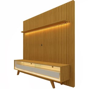 Painel Gelius Nobre com ripas autênticas e Rack requinte com LED largura 185 cm para TV de 75 polegadas Naturale/OFF White