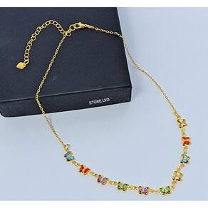 Colar Choker Feminino com Pedras Cristais Borboletas Zircônias Coloridas Folheado Ouro Dourado Prata Luxo Tendência