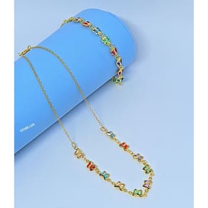 Kit Conjunto Colar Choker Feminino e Pulseira com Borboletas Pedras Cristais zircônias coloridas Folheado Ouro Dourado