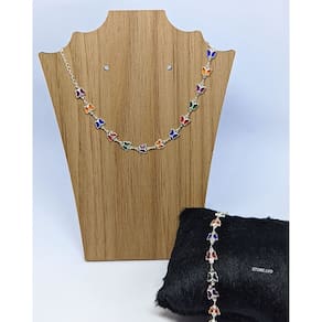 Kit Conjunto Colar Choker Feminino e Pulseira com Borboletas Pedras Cristais zircônias coloridas Folheado Ouro Dourado