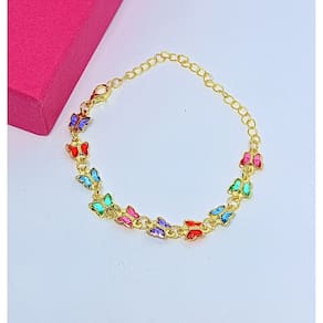 Pulseira Feminina com Zircônias Coloridas Borboletas Folheado Ouro Dourado Luxo Bracelete Borboleta Luxo Moda