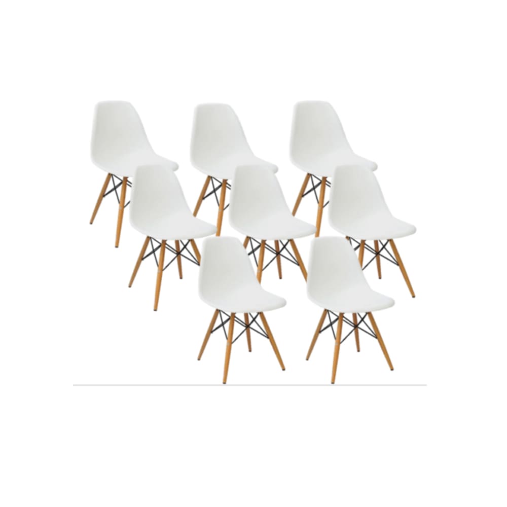 Kit 8 Cadeiras Charles Eames Eiffel Branca Base Madeira Sala Cozinha Jantar