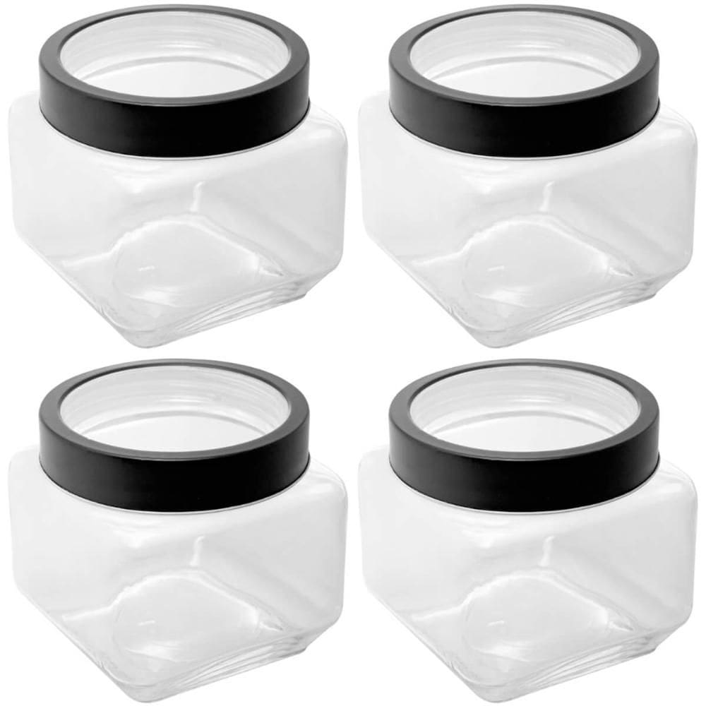 Kit 4 Potes 800ml Gastro Lyor Vidro Tampa Metal Preta Porta Mantimentos Quadrado