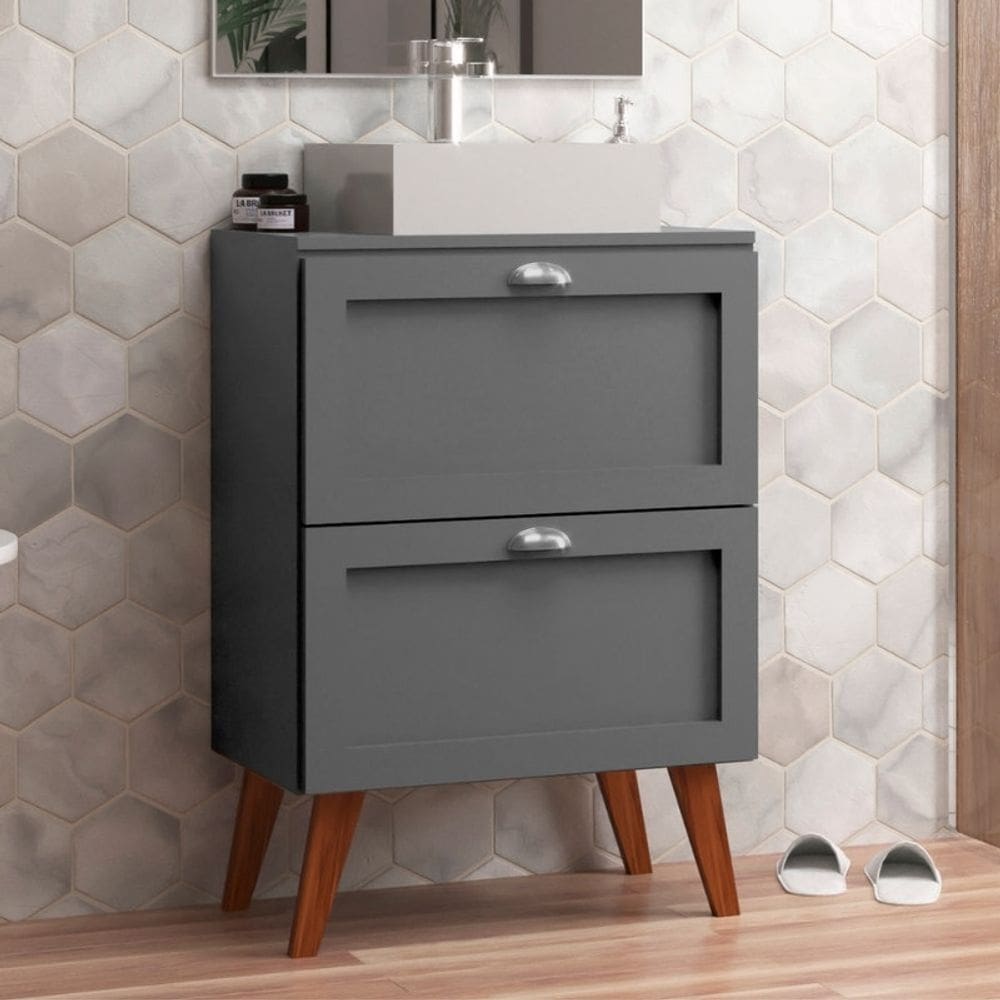 Gabinete para Banheiro com Tampo e Cuba 60cm Retro Mdf Grafite Milano - On Móveis