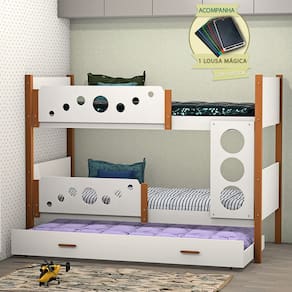Beliche Solteiro Star Com Cama Auxiliar Branco Com Castanho Claro Acompanha Lousa Mágica