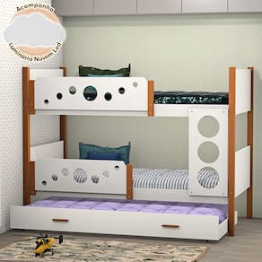 Beliche Solteiro Star Com Cama Auxiliar Branco Com Castanho Claro Acompanha Luminária Nuvem