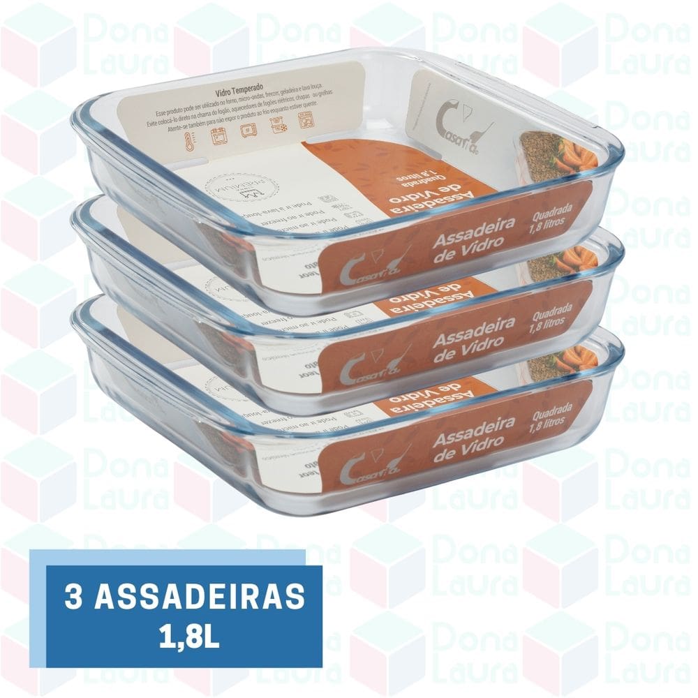 3 Travessa Refratária 1,8L Quadrada Doces Assados Forno Pudim Mousse