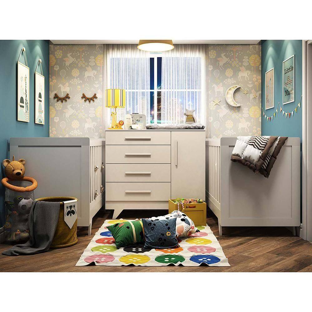 Quarto Infantil Para Gêmeos Com 2 Berços Retrô Minicama E Cômoda Com 4 Gavetas Retrô Peroba Branco