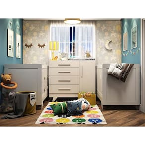 Quarto Infantil Para Gêmeos Com 2 Berços Retrô Minicama E Cômoda Com 4 Gavetas Retrô Peroba Branco