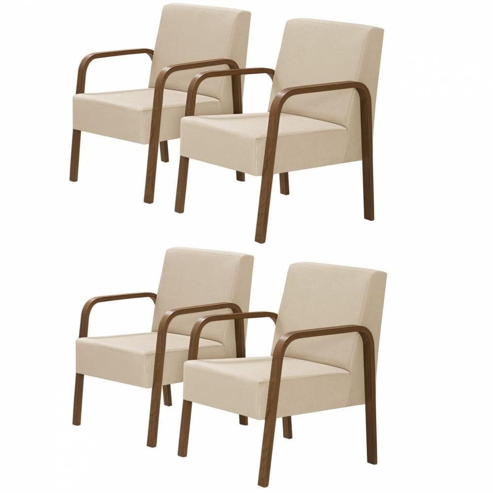 Kit 4 Poltronas Decorativas 1 Lugar Luna Braço Madeira Suede