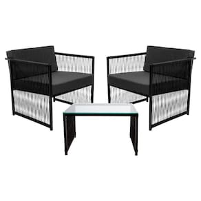 Conjunto De 2 Poltronas Em Fibra Sintética E Mesa De Centro Preto-cinza