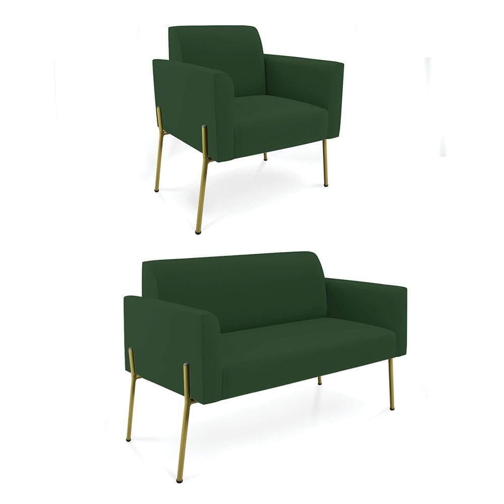 Sofá Namoradeira E Poltrona Pé De Ferro Dourado Salão Marisa Veludo D03 Verde