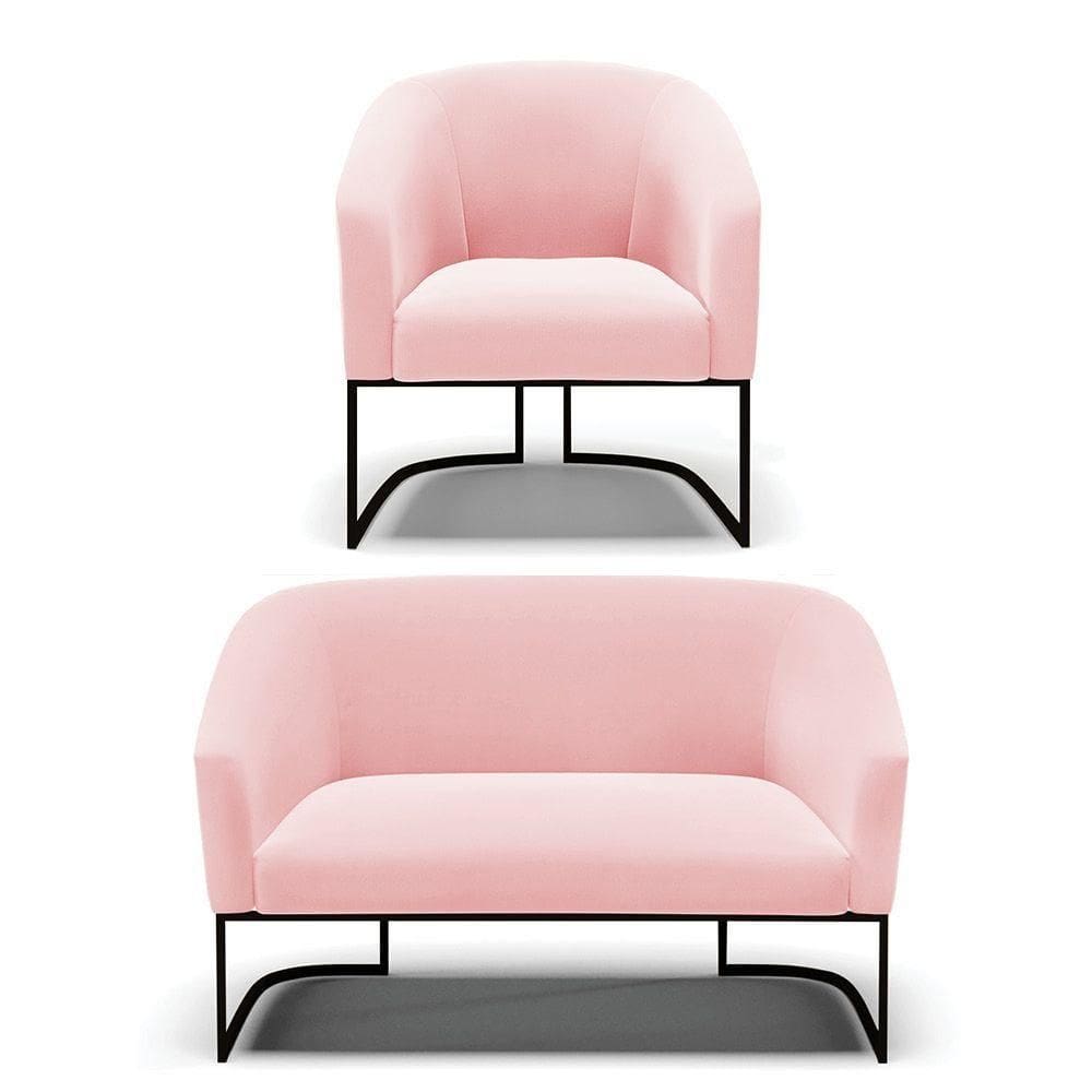 Sofá Namoradeira E Poltrona Base Industrial Preto Stella Suede D03 - D`rossi Cor Rosa Bebê