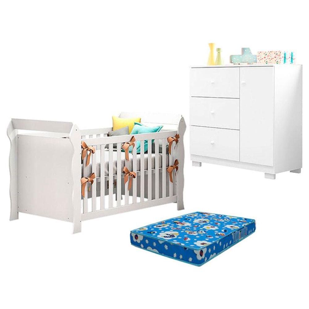 Berço Americano Lara e Cômoda Infantil Duda Branco Brilho com Colchão Ortobom - Phoenix Baby