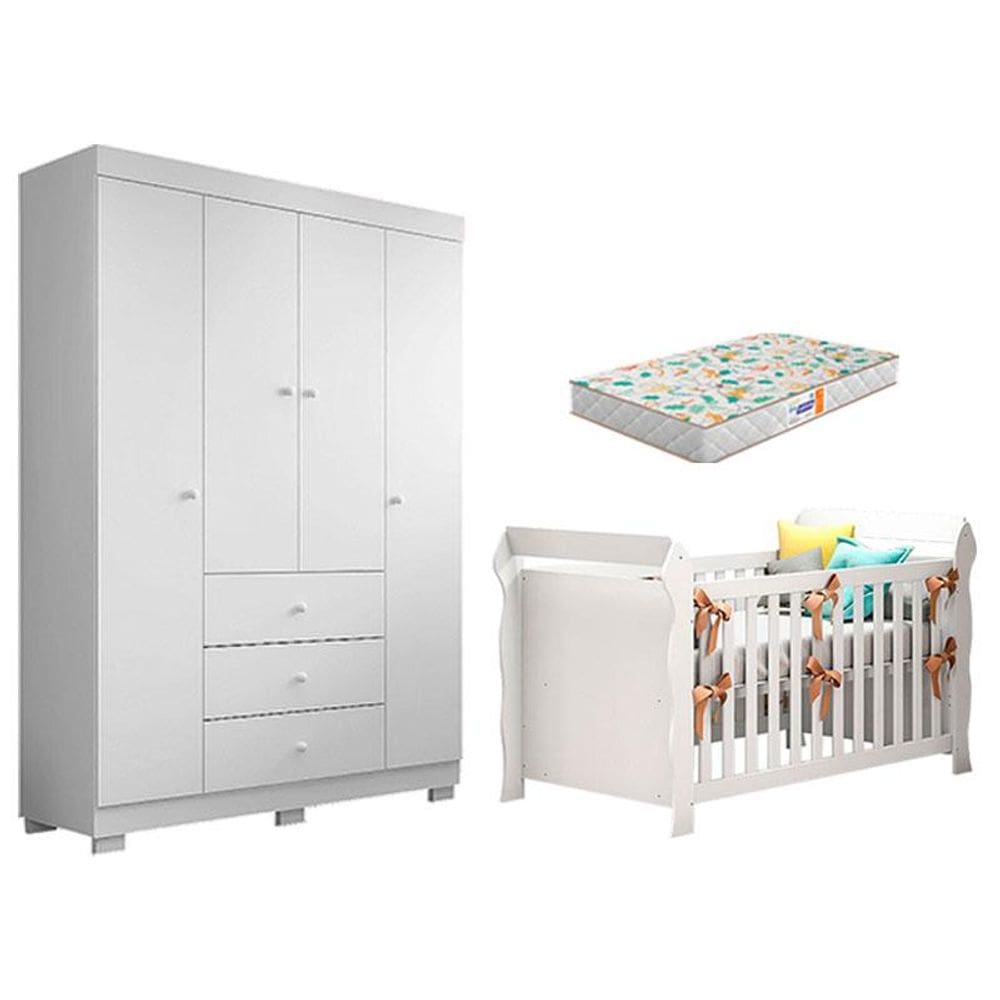 Berço Americano Lara e Guarda Roupa Duda 4 Portas Branco Brilho com Colchão Gazin - Phoenix Baby