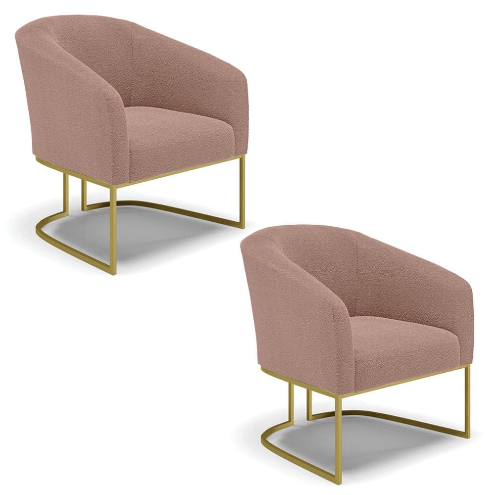 Poltrona Para Sala Industrial Dourado Kit 2 Stella Bouclê Rosê D03 - D`Rossi
