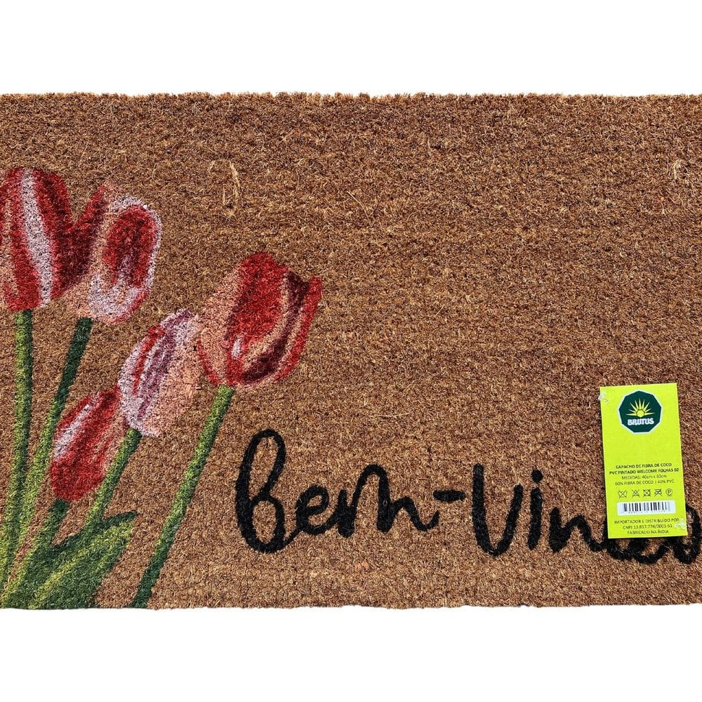 Capacho de Fibra de Coco Pvc Pintado Bem Vindo Tulipas 40cm X 60cm Bege / Rosa