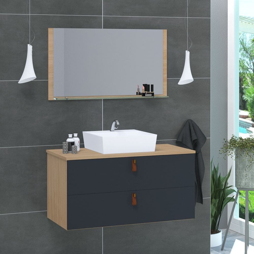 Conjunto Gabinete de Banheiro Berlim 80 Cm freijo titanium