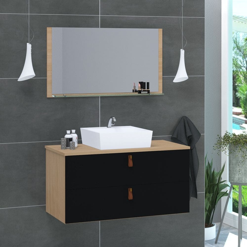 Conjunto Gabinete de Banheiro Berlim 80 Cm Freijo Preto
