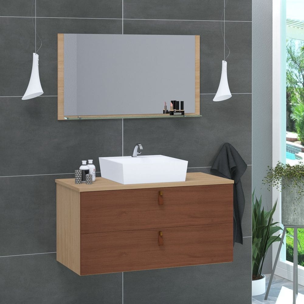 Conjunto Gabinete de Banheiro Berlim 80 Cm freijo marrom