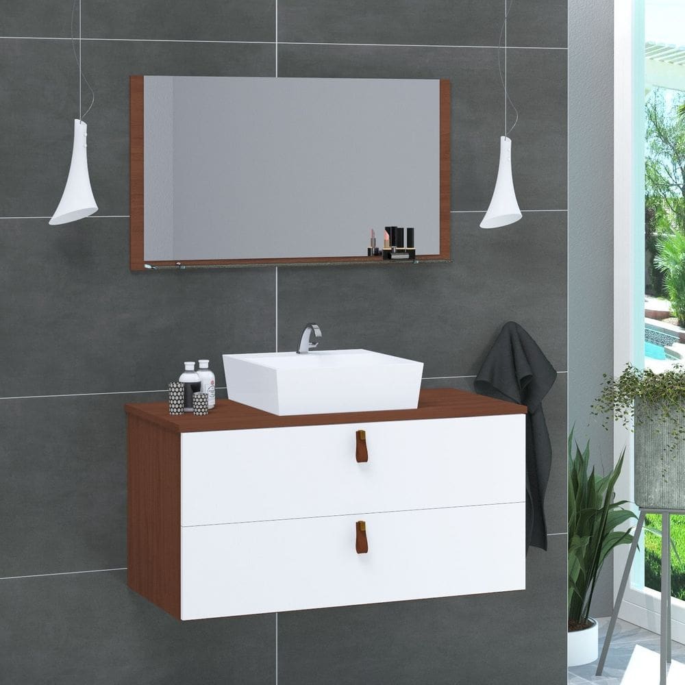 Conjunto Gabinete de Banheiro Berlim 80 Cm Marrom Branco