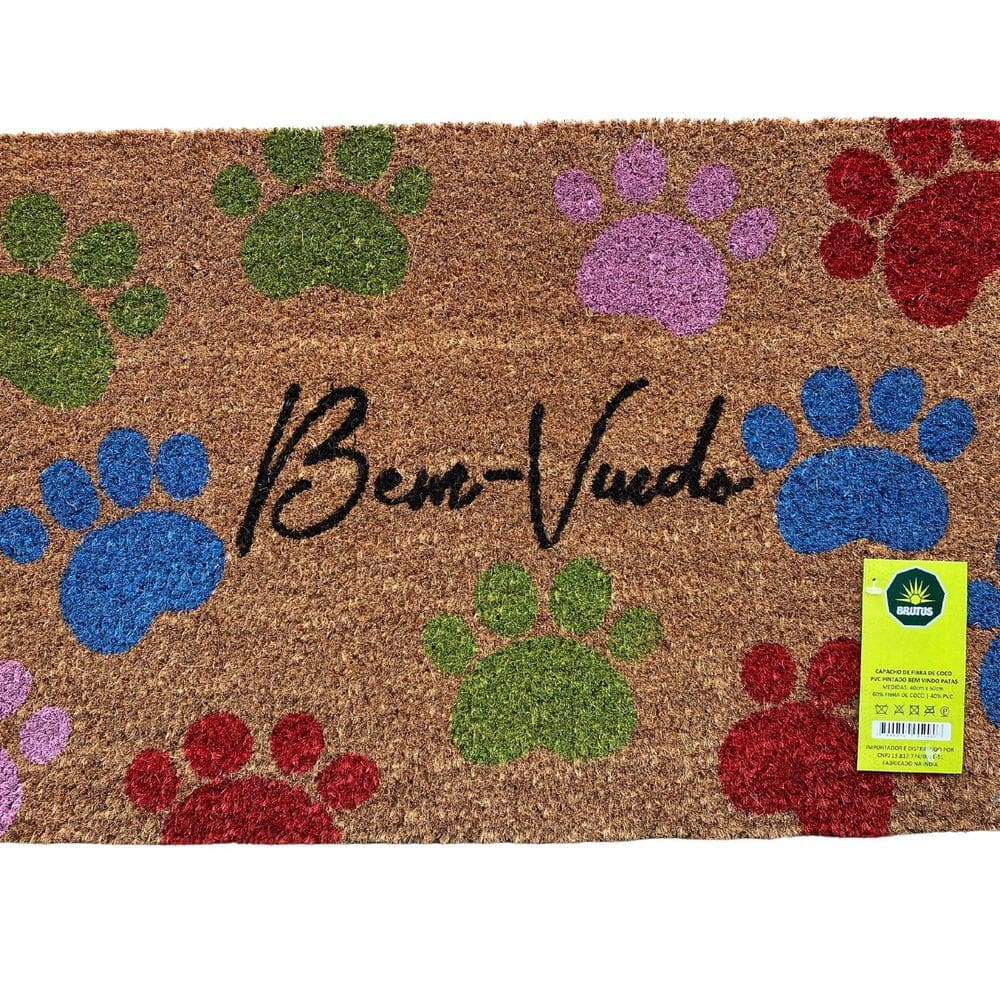 Capacho de Fibra de Coco Pvc Pintado Bem-vindo Patas 40cm X 60cm Colorido