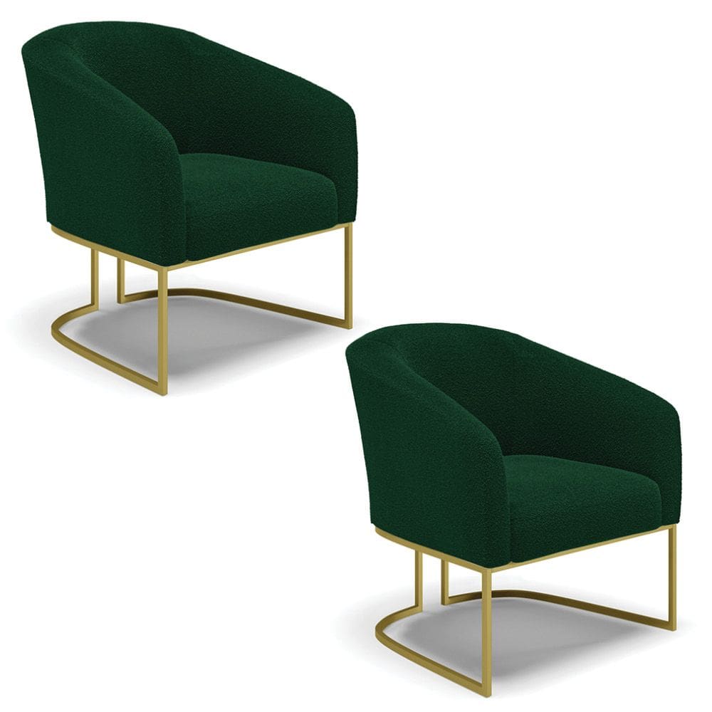 Poltrona Para Sala Industrial Dourado Kit 2 Stella Bouclê Verde D03 - D`Rossi