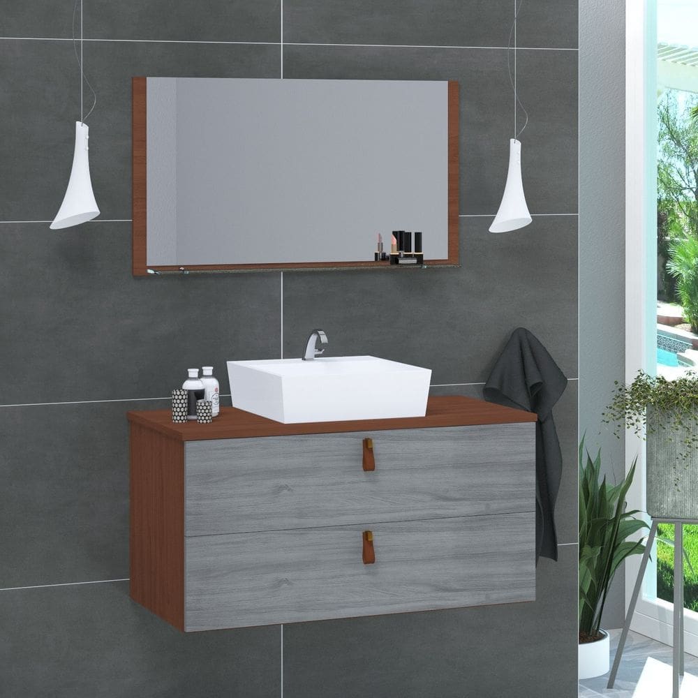 Conjunto Gabinete de Banheiro Berlim 60 Cm marrom rovere
