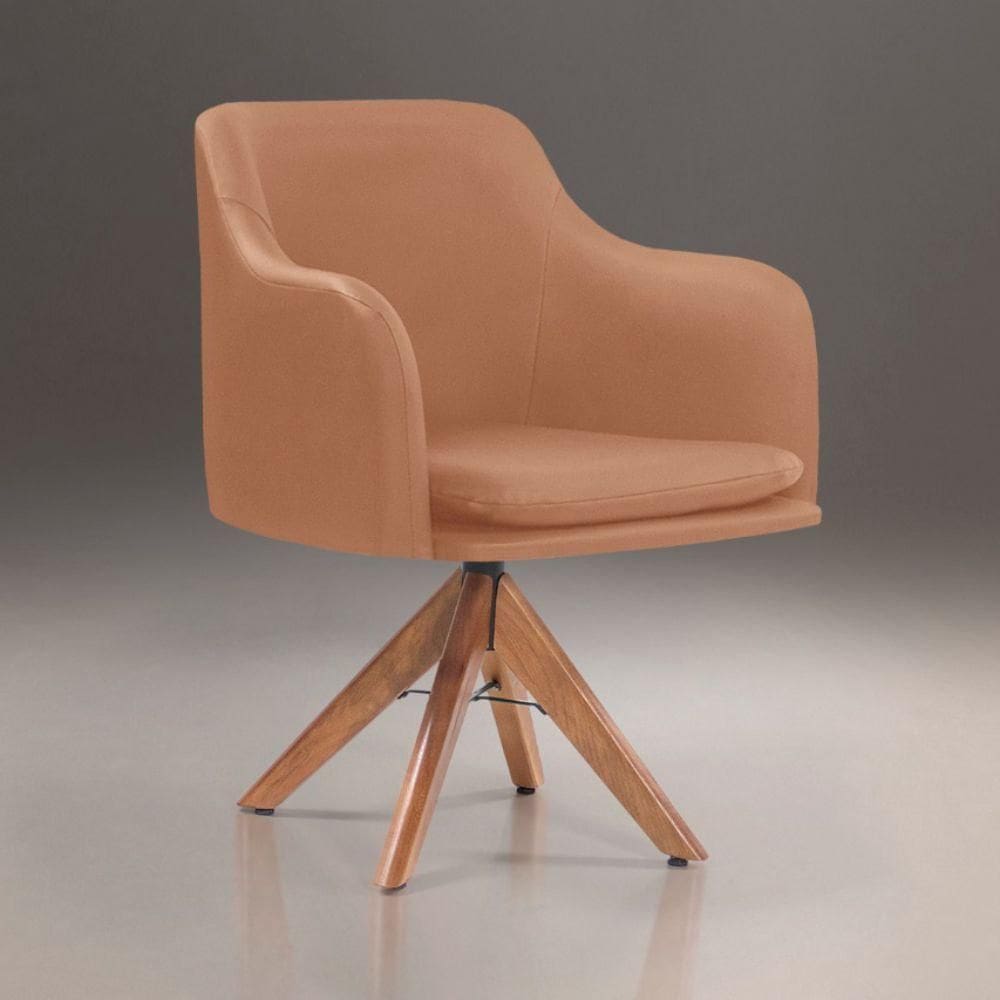 Poltrona Messina em Couro e Base Giratória Madeira Caramelo