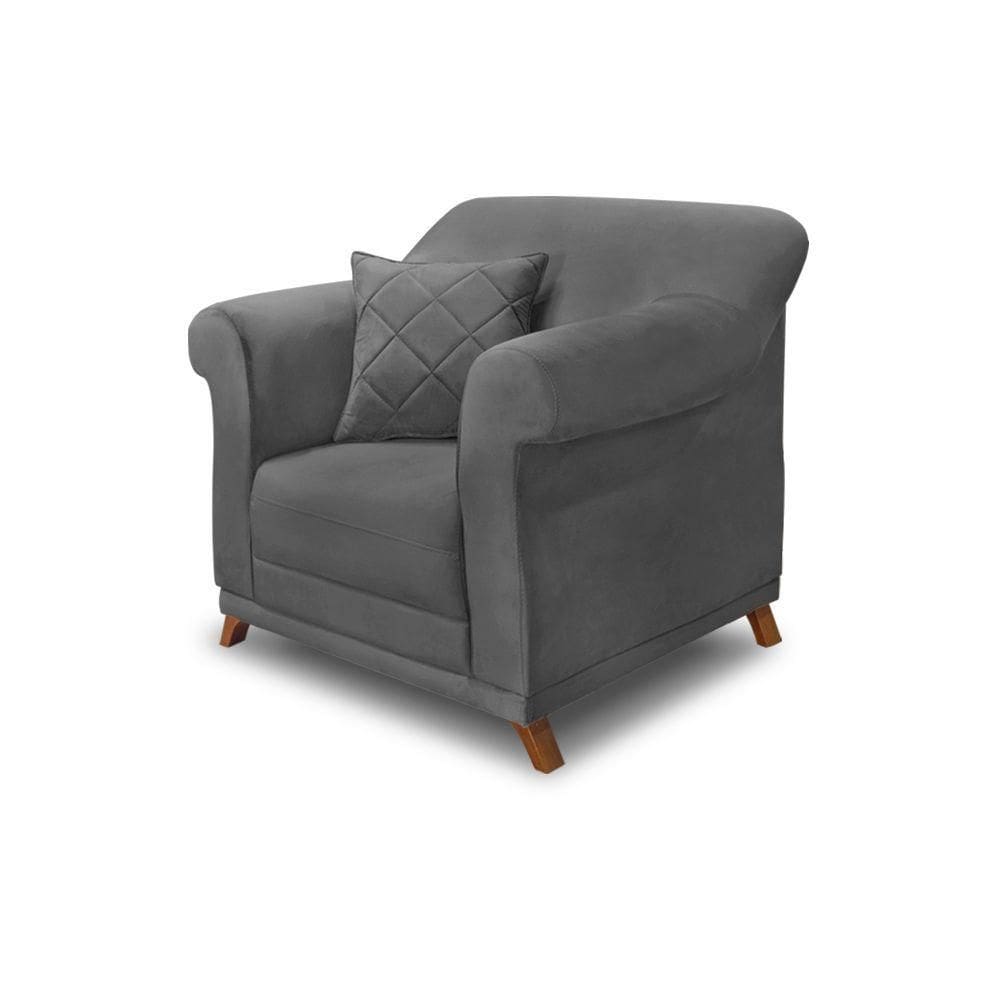 Poltrona Sala De Estar Pé De Madeira Julieta Suede Cinza S04 - D`rossi