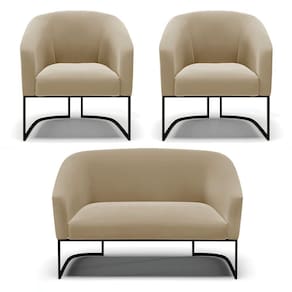 Sofá Namoradeira E 2 Poltronas Base Industrial Preto Stella Suede D03 - D`rossi Cor Marrom Rato