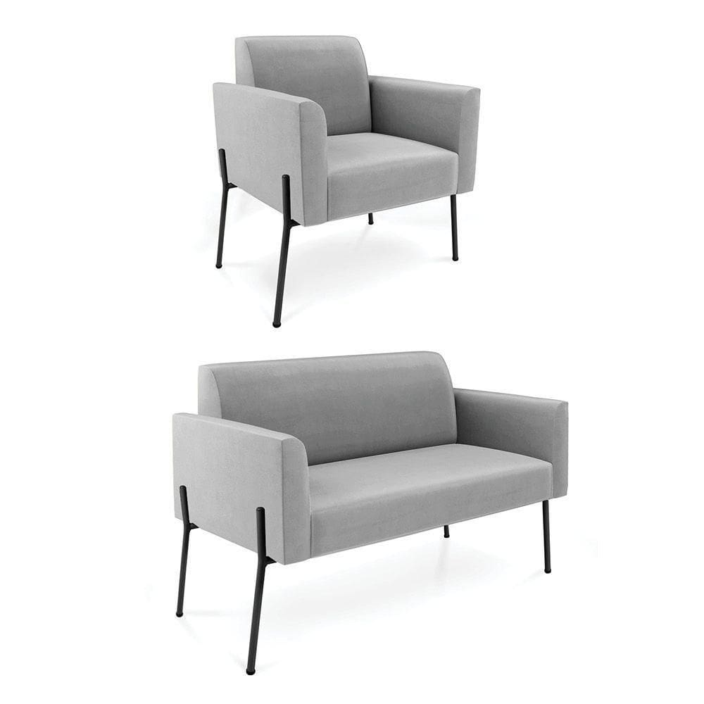 Sofá Namoradeira E Poltrona Pé De Ferro Preto Marisa Suede Cinza D03 - D`rossi