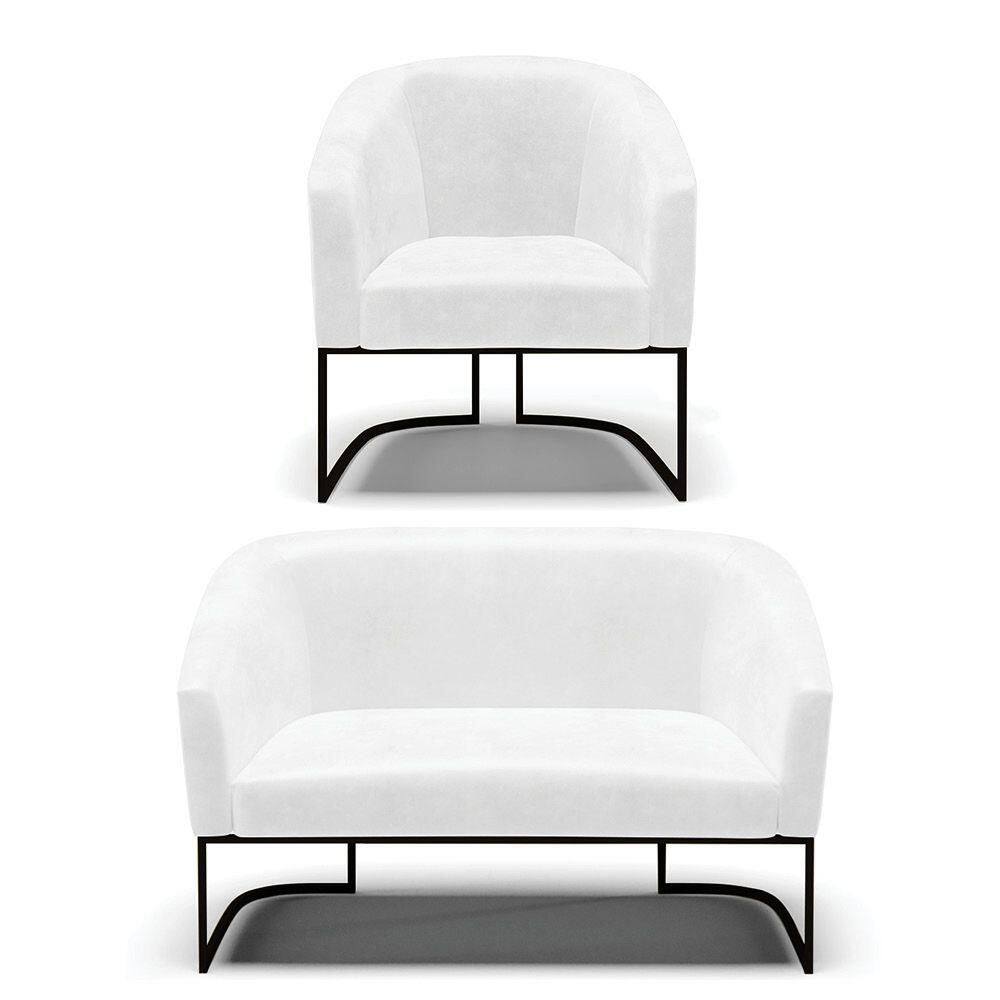 Sofá Namoradeira E Poltrona Base Industrial Preto Stella Corano D03 - D`rossi Cor Branco