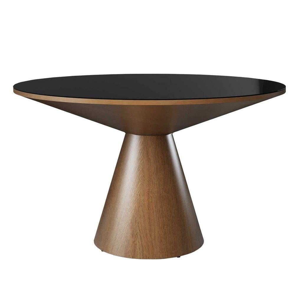 Mesa De Jantar Madri Cone Chanfrada Redonda Nozes 1.40 Cm Vidro Preto