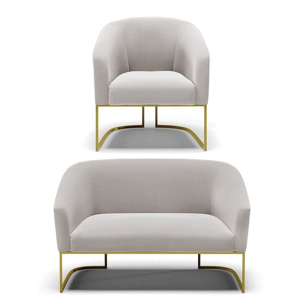 Sofá Namoradeira E Poltrona Base Industrial Dourado Stella Veludo D03 - D`rossi Cor Cinza