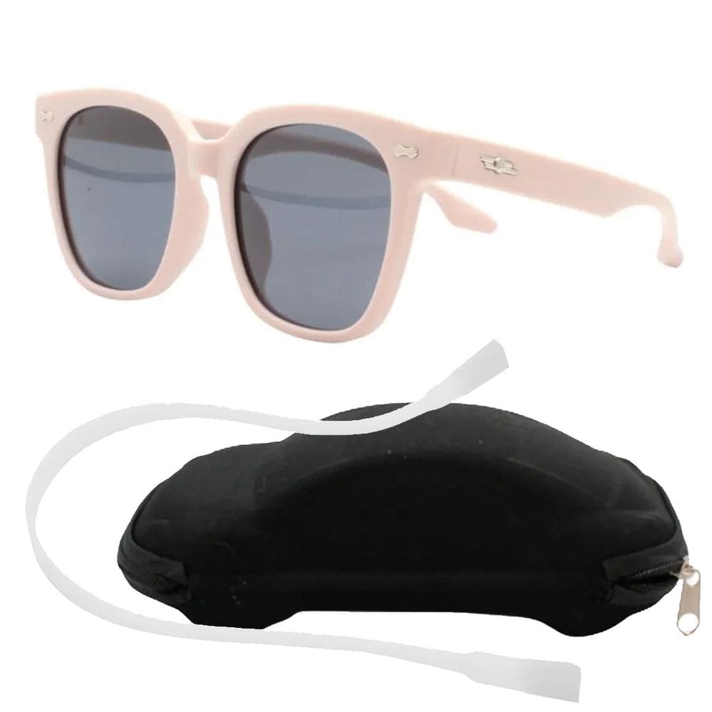 Óculos de Sol Flexível Infantil + Case Carrinho + Cordão Silicone Rosa Claro